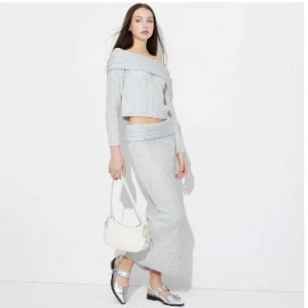 Wild Fable Ribbed Knit Maxi Skirt Slit Gray Stretch‎ Waist Boho Chic XS / #1157